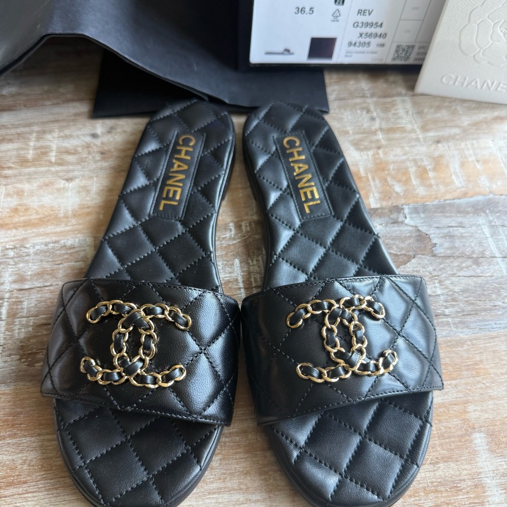 CHANEL Black Quilted Mules with Chain CC Details on Sale!